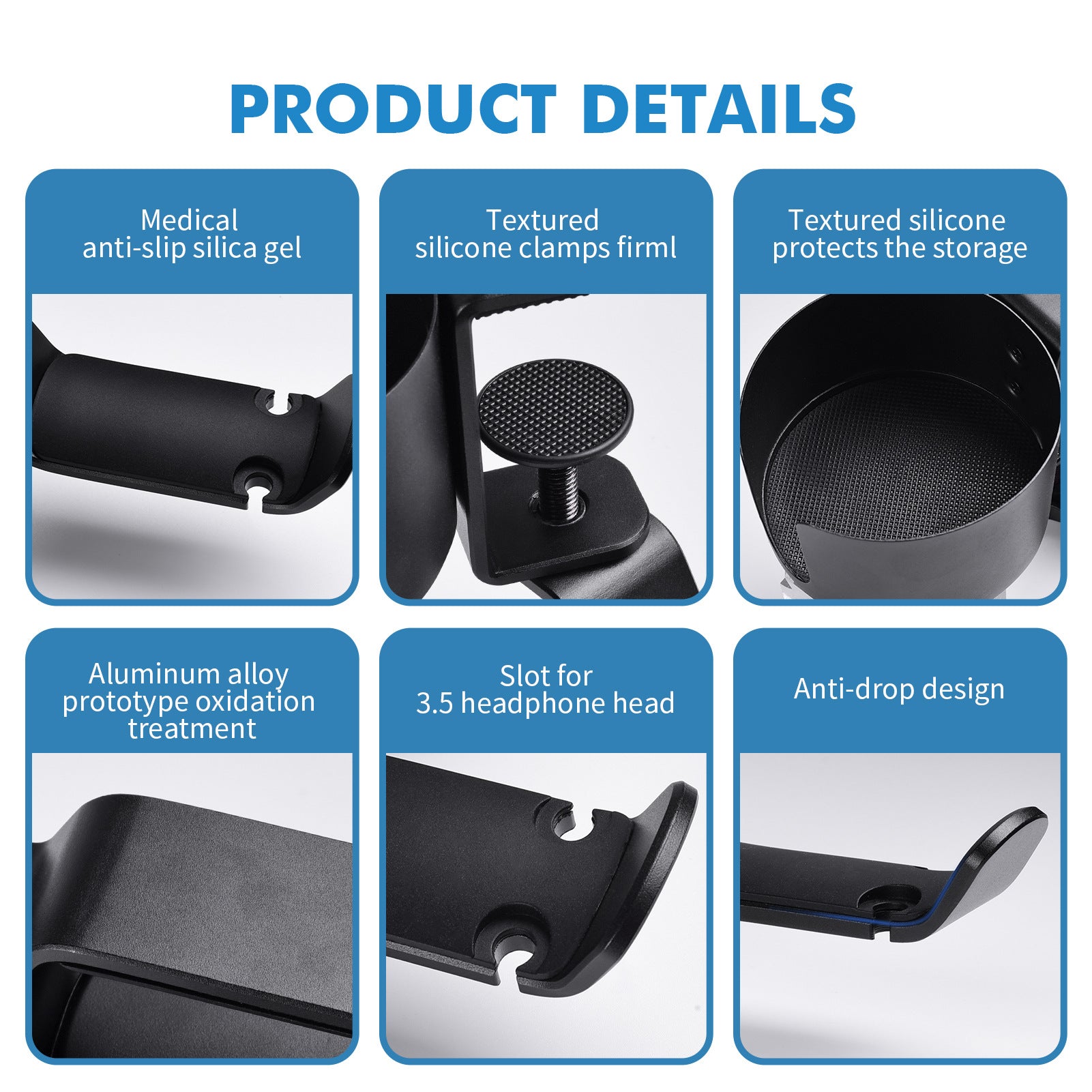 Heavy-Duty All-Metal Desk Clamp with 360-Degree Swivel Headphone Hanger & Cup Holder(black)