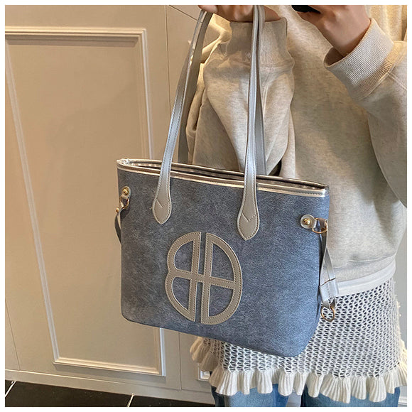 Stylish Large Capacity Tote Bag with PU Leather Trim & Logo Detail(Beige with brown)