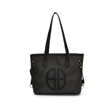 Stylish Large Capacity Tote Bag with PU Leather Trim & Logo Detail(black)