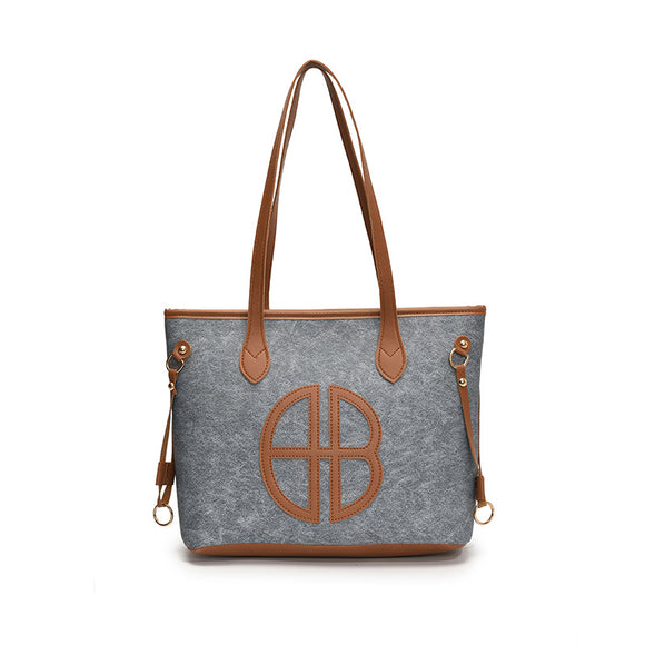 Stylish Large Capacity Tote Bag with PU Leather Trim & Logo Detail(Blue and Brown)
