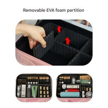 Travel Makeup Case with LED Lighted Mirror - Adjustable Dividers & Brush Holder(black) - 0