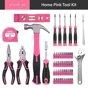 63-Piece Essential Home Repair Tool Kit with Portable Zipper Case(pink) - 0