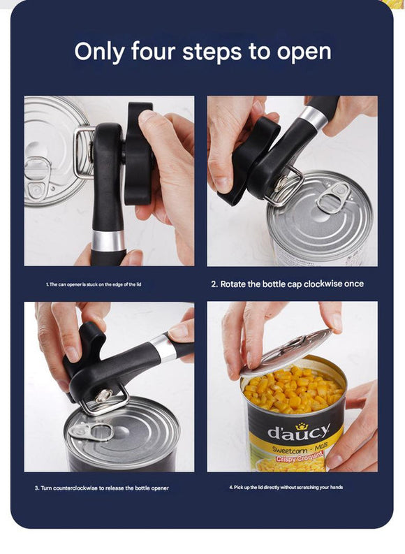 2pc Multifunctional Safe-Cut Can Opener - Smooth Edge, Ergonomic Handle(black)