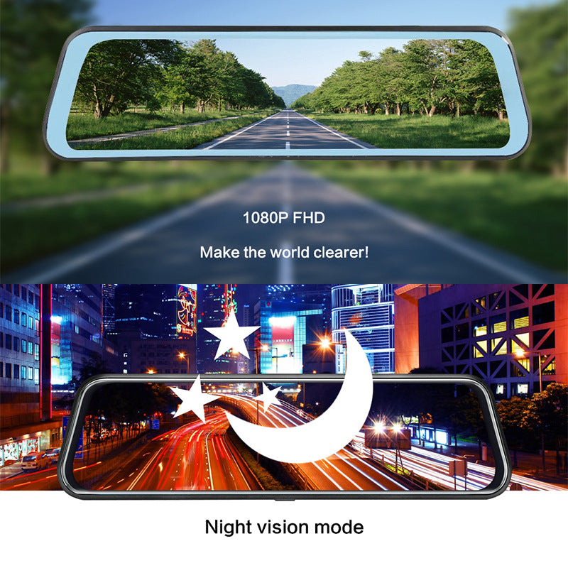 10-Inch Dual Lens Dash Cam Mirror - 1080P FHD Touch Screen Car DVR with Rear Camera, Night Vision & G-Sensor(black) - 0