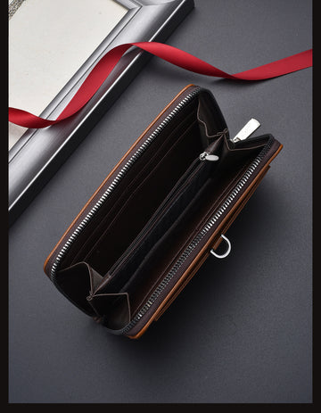 Brown Classic Long Zipper Wallet Clutch - Large Capacity PU Leather Phone & Card Holder with Wrist Strap - 0