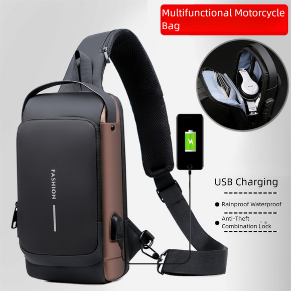 Black and Brown Men's Anti-Theft Crossbody Sling Bag with USB Charging Port & Combination Lock