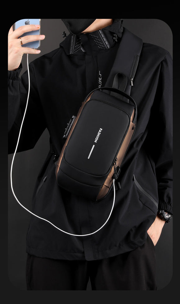 Black and Brown Men's Anti-Theft Crossbody Sling Bag with USB Charging Port & Combination Lock