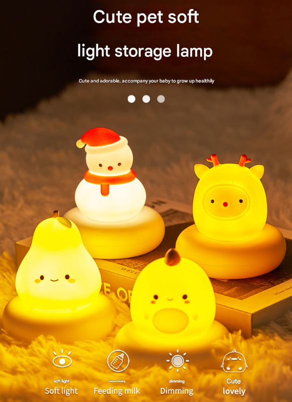 Yellow Deer Cute Animal LED Night Light - Rechargeable Silicone Nursery Lamp with Tap Control, Dimmable Bedside Light for Kids - 0
