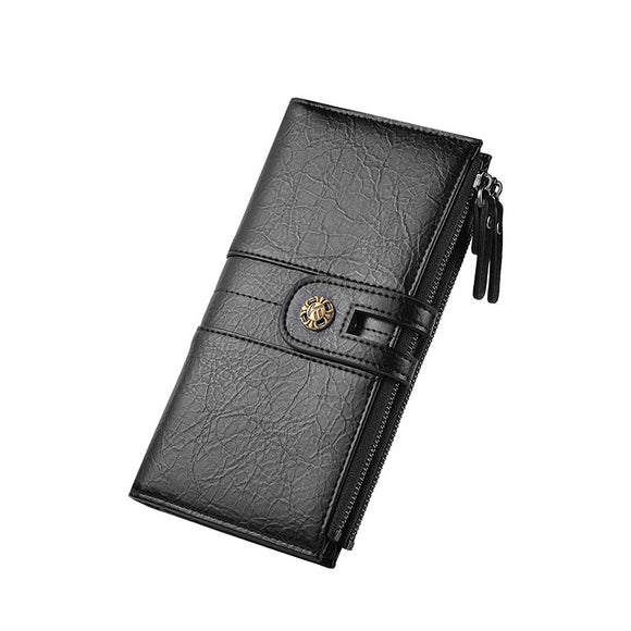 Black Men's Vintage PU Leather Long Wallet - High Capacity Dual Zipper Clutch with Phone & Card Slots