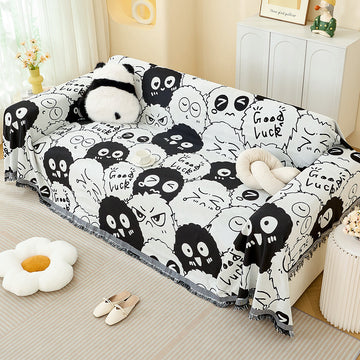 Black and white Ball Pattern Soft Waffle Weave Throw Blanket - Boho Style Cotton Blend Sofa Cover with Fringe 180x180cm