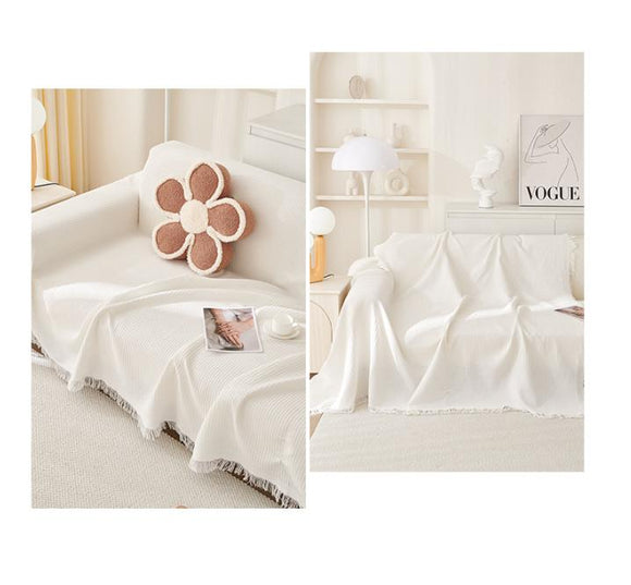 Black and white Ball Pattern Soft Waffle Weave Throw Blanket - Boho Style Cotton Blend Sofa Cover with Fringe 180x180cm