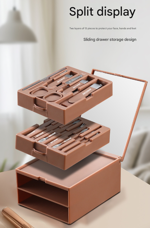 White Premium 13-in-1 Manicure & Grooming Kit - Professional Carbon Steel Pedicure Set with Dual-Drawer Case & Mirror