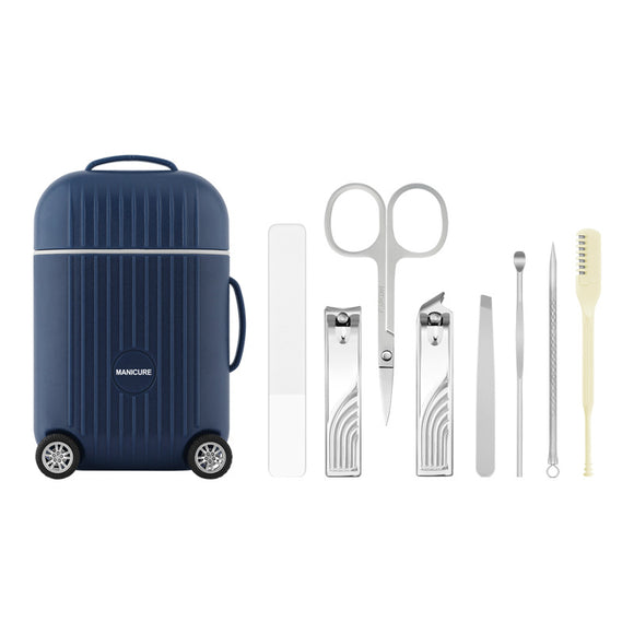Dark Blue Mini Suitcase Manicure Set - 8-Piece Portable Grooming & Nail Care Travel Kit