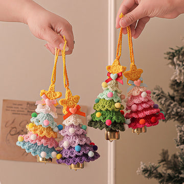 2 Pcs Style B Yellow and Purple Handmade Crochet Christmas Tree Ornament - Festive Hanging Decoration with Jingle Bell - 0