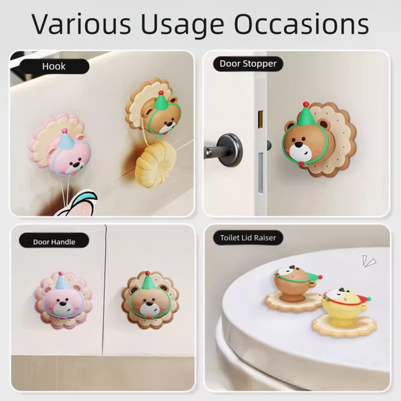 3 Pcs (Pink + Brown + Yellow) Adorable Bear Wall Protector - Multi-Use Self-Adhesive Door Stopper Bumper