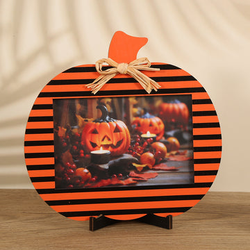 Black and Orange Stripes Pattern Festive Pumpkin Photo Frame - Rustic Halloween Tabletop Picture Holder