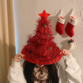 Red Sparkly Tinsel Christmas Tree Hat - Festive Holiday Party Headwear for Adults & Kids