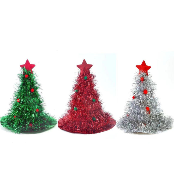 Red Sparkly Tinsel Christmas Tree Hat - Festive Holiday Party Headwear for Adults & Kids