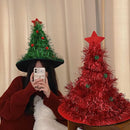 Green Sparkly Tinsel Christmas Tree Hat - Festive Holiday Party Headwear for Adults & Kids-4