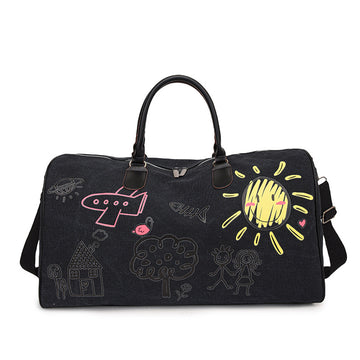 Large Capacity Canvas Travel Duffel Bag with Doodle Print - Weekend & Gym Tote(black)