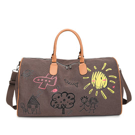 Large Capacity Canvas Travel Duffel Bag with Doodle Print - Weekend & Gym Tote(Coffee)