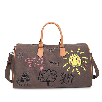 Large Capacity Canvas Travel Duffel Bag with Doodle Print - Weekend & Gym Tote(Coffee)