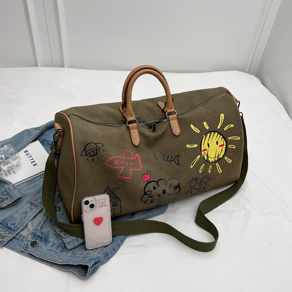 Large Capacity Canvas Travel Duffel Bag with Doodle Print - Weekend & Gym Tote(Coffee)