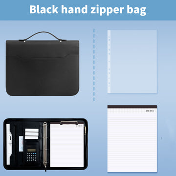 Professional PU Leather A4 Portfolio Binder with Zipper, Handle, Calculator & Clipboard(black)