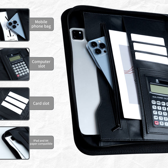 Professional PU Leather A4 Portfolio Binder with Zipper, Handle, Calculator & Clipboard(black)