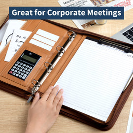 Professional PU Leather A4 Portfolio Binder with Zipper, Handle, Calculator & Clipboard(brown) - 0