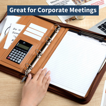 Professional PU Leather A4 Portfolio Binder with Zipper, Handle, Calculator & Clipboard(brown) - 0