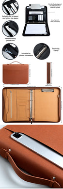Professional PU Leather A4 Portfolio Binder with Zipper, Handle, Calculator & Clipboard(brown)-6