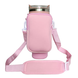 Pink Crossbody Tumbler Carrier with Detachable Wallet Pouch and Adjustable Strap