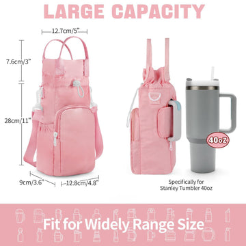 Pink Protective Crossbody Water Bottle Holder with Pockets, Fits 40oz Stanley Tumbler - 0