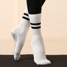 White (3-Pack) Unisex Striped Non-Slip Grip Socks - Cotton Crew Socks for Yoga, Pilates & Home Workouts