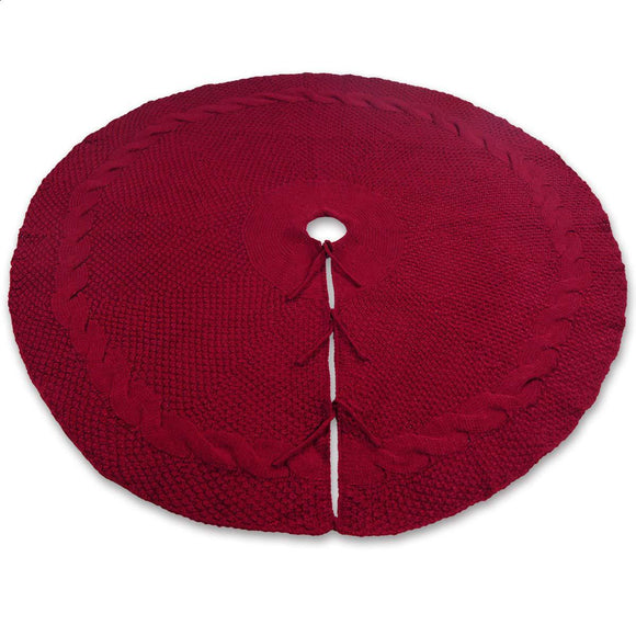 Festive Knit Christmas Tree Skirt - Acrylic Red Tree Mat with Pom-Poms 122cm