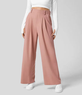 S Pink Drapey High-Waist Wide-Leg Trousers - Loose Fit Casual Long Pants for Women