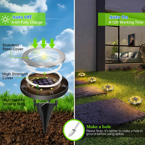 4-Pack Solar LED In-Ground Warm Yellow Light Set (Single 7.1x7.1x6.1cm) - Stainless Steel Waterproof Outdoor Garden Pathway and Landscape Spike Lamp