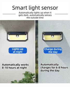 2-Pack Solar Motion Sensor Wall Light(388-Bead LED) -  3 Lighting Modes, IP64 Waterproof, Three-Sided Wide-Angle Lighting for Outdoor Security and Garden Lighting - 0
