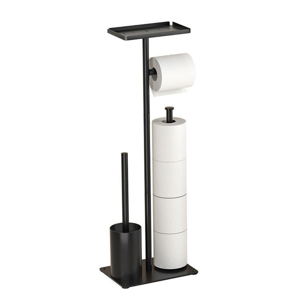 3-in-1 Freestanding Toilet Paper Holder - Thick Carbon Steel with Matte Black Finish, Storage Top, Paper Roll Holder, and Integrated Brush Holder