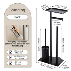 3-in-1 Freestanding Toilet Paper Holder - Thick Carbon Steel with Matte Black Finish, Storage Top, Paper Roll Holder, and Integrated Brush Holder - 0