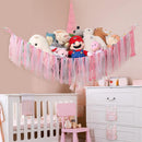 Pink Corner Plush Toy Organizer (100x100x150cm)  with Ribbon Accent & Installation Kit -  Handwoven Cotton Mesh Toy Storage Hammock-2