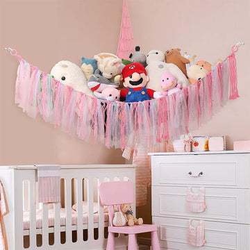 Pink Corner Plush Toy Organizer (100x100x150cm)  with Ribbon Accent & Installation Kit -  Handwoven Cotton Mesh Toy Storage Hammock - 0