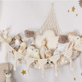 White Triangle Woven Plush Toy Corner Organizer (105x105x145cm)  with octagonal beads and installation kit - Hand-woven cotton mesh toy storage hammock - 0