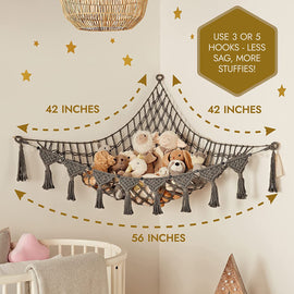 Grey Triangle Woven Plush Toy Corner Organizer (105x105x145cm)  with octagonal beads and installation kit - Hand-woven cotton mesh toy storage hammock - 0