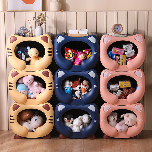 Pink Cute Cat-Themed Stackable Storage Bin - Multi-purpose Pet Bed & Toy Organizer