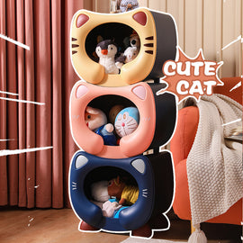 Blue Cute Cat-Themed Stackable Storage Bin - Multi-purpose Pet Bed & Toy Organizer - 0