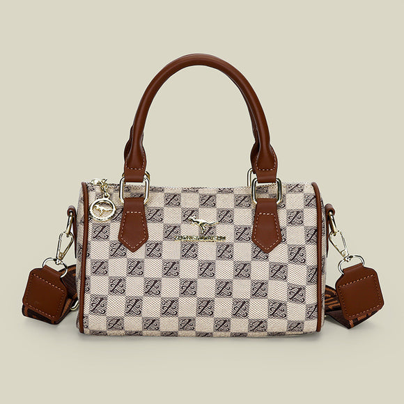 Khaki checkered pattern Stylish PU Leather Boston Bag - Elegant Retro Single Shoulder Crossbody Handbag for Women