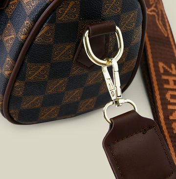 Khaki checkered pattern Stylish PU Leather Boston Bag - Elegant Retro Single Shoulder Crossbody Handbag for Women - 0