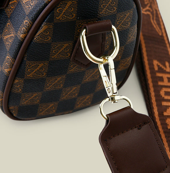 Khaki checkered pattern Stylish PU Leather Boston Bag - Elegant Retro Single Shoulder Crossbody Handbag for Women